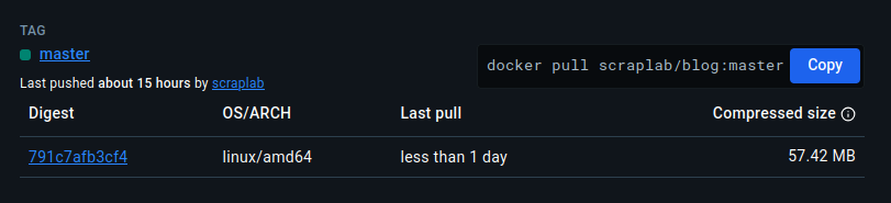 Docker hub informatie, compressed size 57.42 mb image