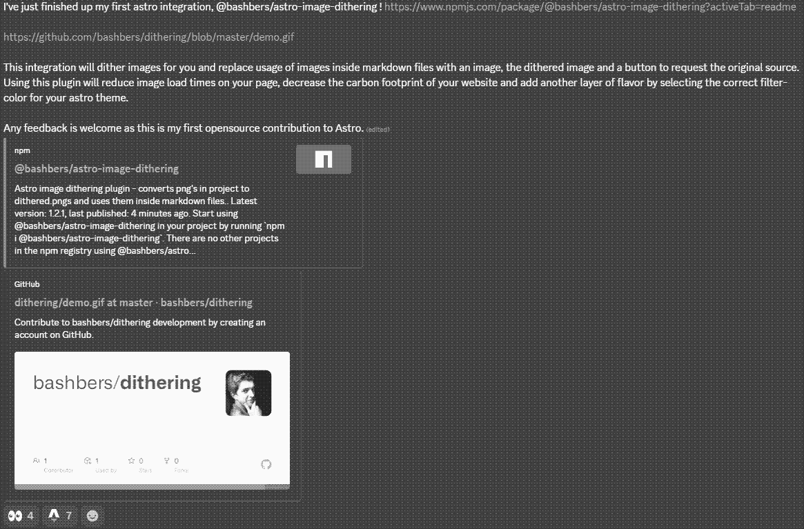 This integration will dither images for you and replace usage of images inside markdown files with an image, the dithered image and a button to request the original source. Using this plugin will reduce image load times on your page, decrease the carbon footprint of your website and add another layer of flavor by selecting the correct filter-color for your astro theme.